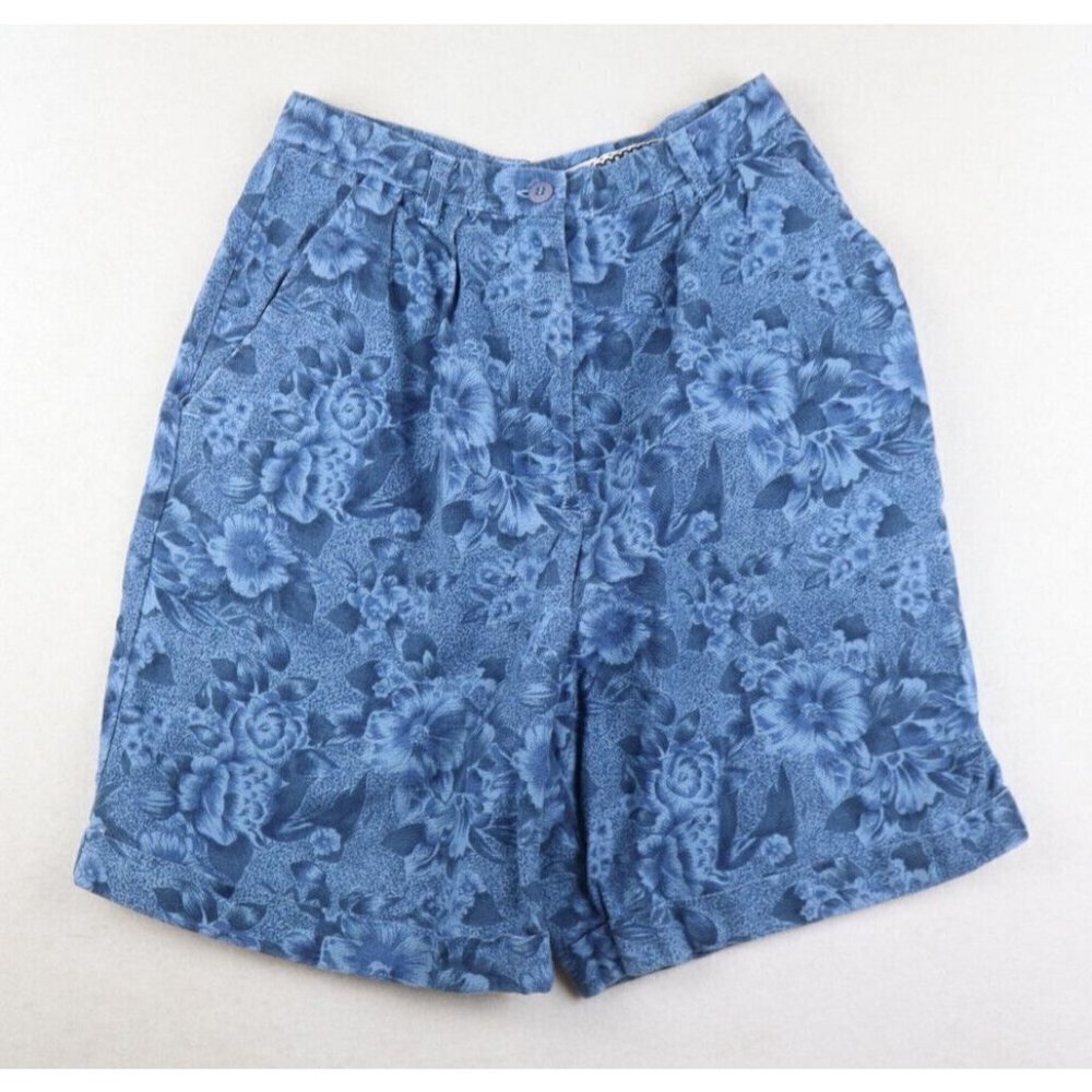 VINTAGE BLUE PRINT LINEN BLEN HIGH WAIST PLEATED SHORTS - ACCORDEON - SIZE 7/8
